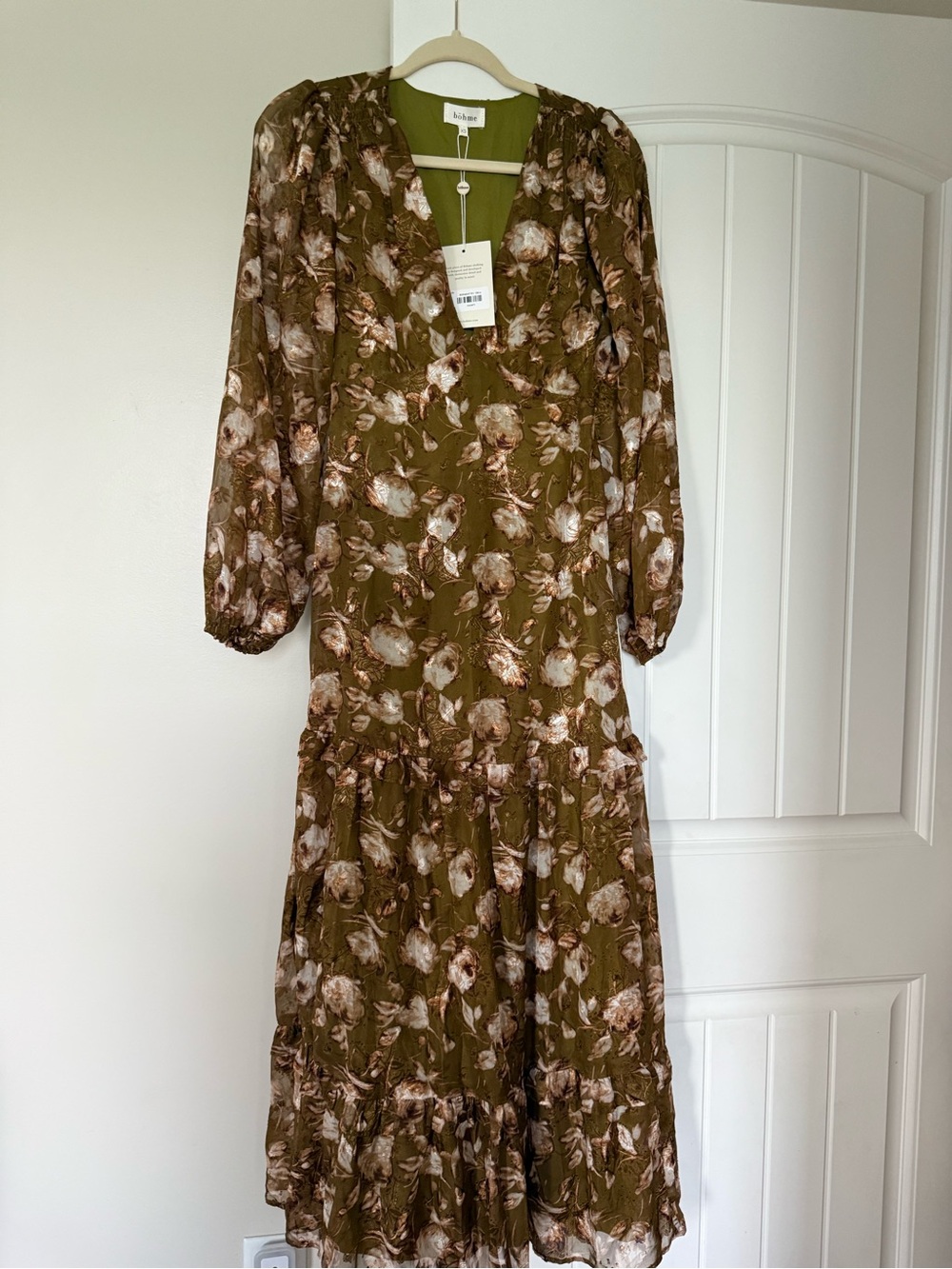 bohme Olive Green Floral V-Neck Tiered Maxi Dress